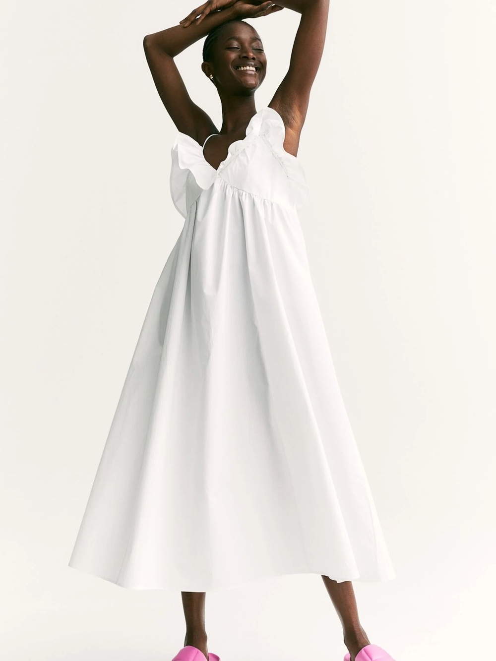 H&M White Flounce Trimmed Cotton Midi Dress